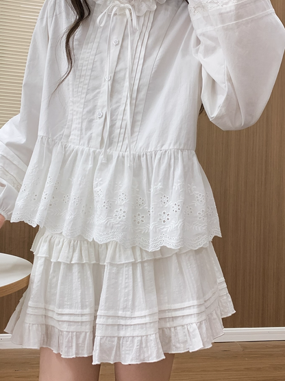 Self-tie Ruffle Neckline White Pleating Hem Blouse Details Lace