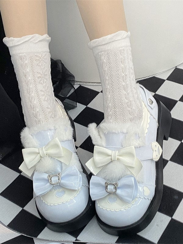 Bow Heart Sweet and Details Accents PU Heels Platform Blue White with Mid Lolita