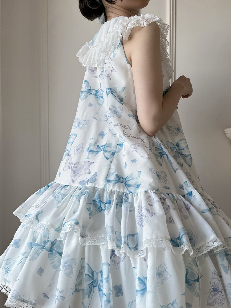 Blue Big Bowknot on Neckline Bows Double Layered Lolita Dress