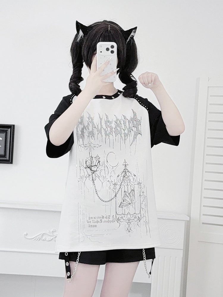 White Landmine Style Raglan Short Sleeve Tee with Hot-Fix Rhinestone & Graphic Accents - Puzzles