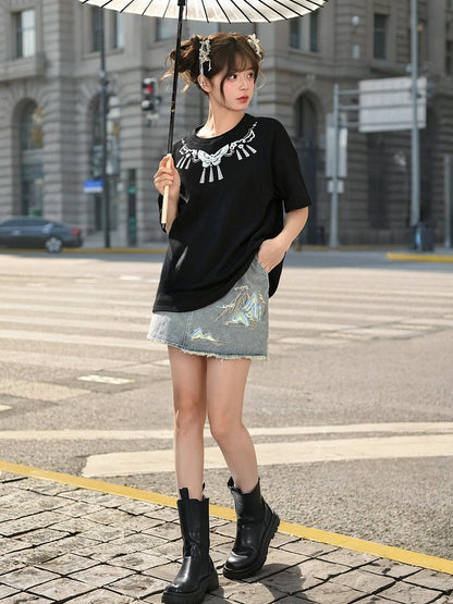 Black Round Butterfly Embroidery Cheongsam Style T-Shirt Neck