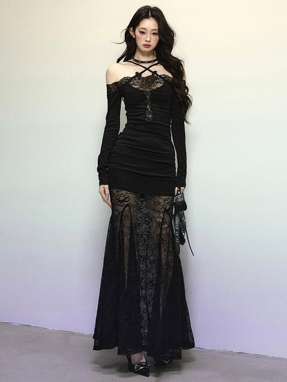 Black Lace Patchwork Mermaid Skirt Cross-strap Halter Maxi Dress Evening Gown