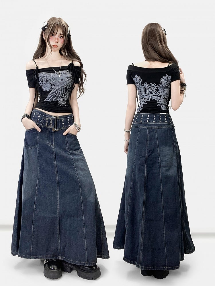 Schulterfreier Ausschnitt, verziert mit floralem schwarzem Strass-T-Shirt-Design Y2K