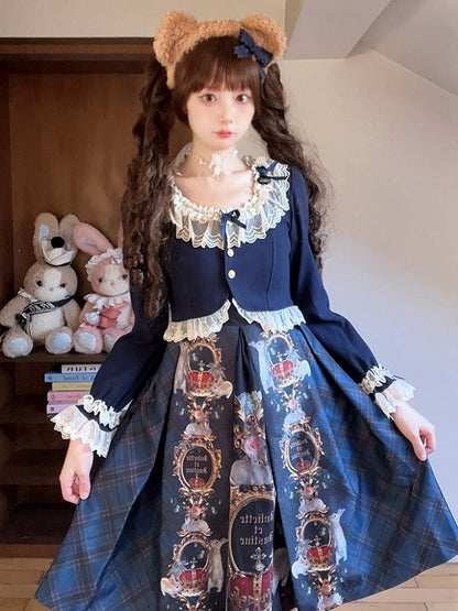 Kurzer, modischer dunkler Cardigan mit Schleife und blauer Spitze