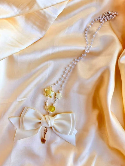 Pink Yellow Blue Beaded Necklace with Bow Accent - Good Night Meow