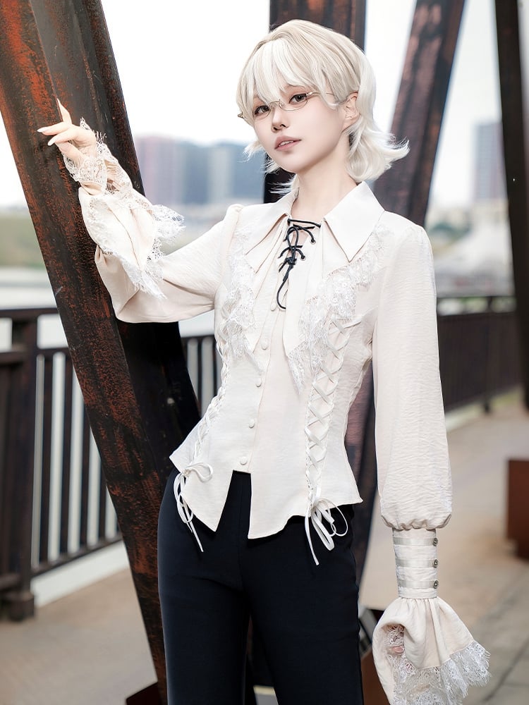 詳細 海賊ロングシャツ ロリータ レースアップ ビショップ ベージュ バイブス 王子袖