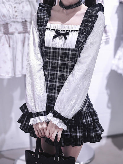 Jirai Kei Two-Piece Set: Plaid Square-Neck Long-Sleeve Dress & Ruffle Shorts - Ekomi