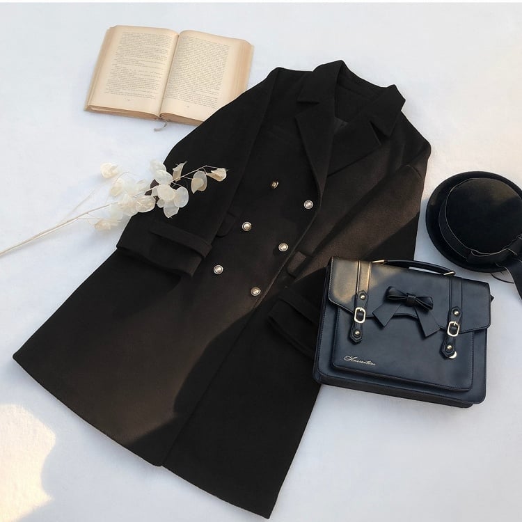 Black Notched Collar Double-Breasted Woolen Coat
