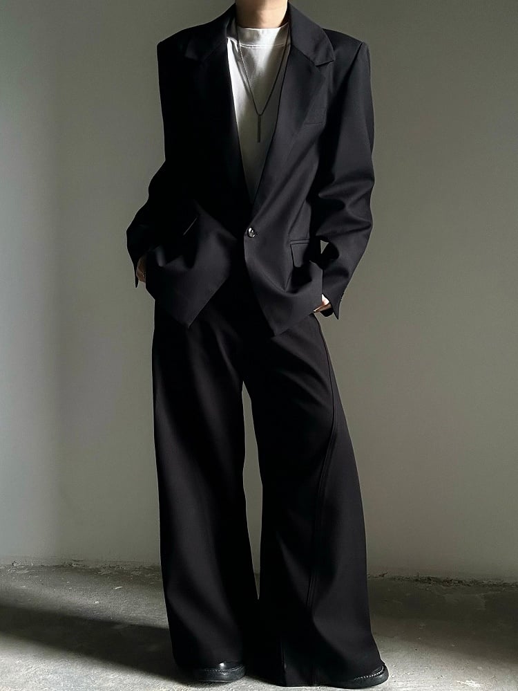 Black Collar with Notched Front Button Blazer - Ouji