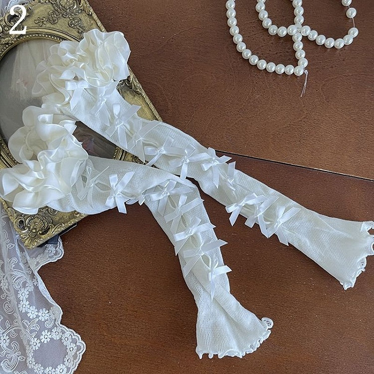 Bowknot Fishnet Loop Design Cut-out Tights/White Ruffle Lace Warmers/Black Black Leg