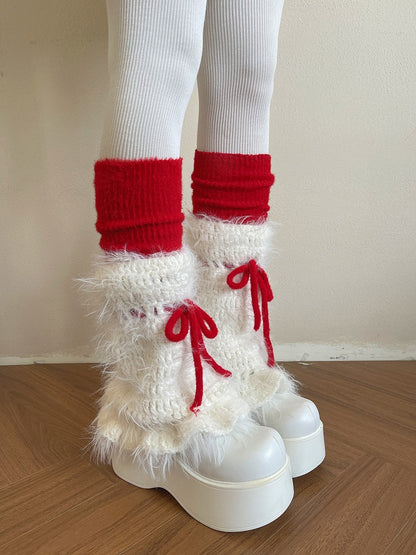 Leg Fluffy Warmers with Bow Red Accents Knit