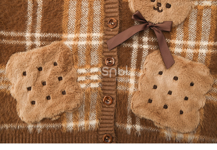 Brown Cute Cookie Bear Adorned Plaid Loose Cardigan