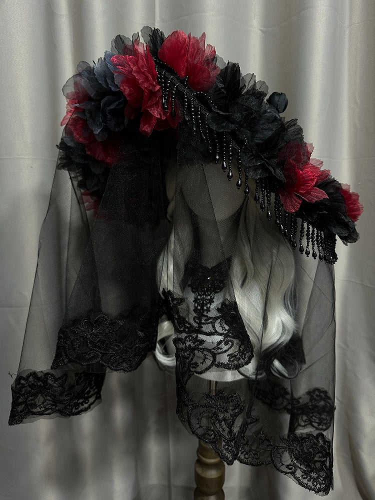 Black Red Gothic Floral Long Lace Trim Hat Beaded Tassel - Custom Made Earrings
