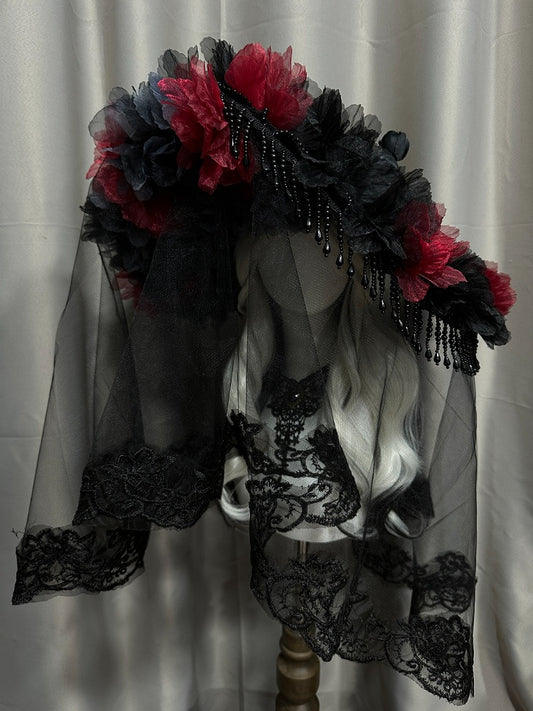 Black Red Gothic Floral Long Lace Trim Hat Beaded Tassel - Custom Made Earrings