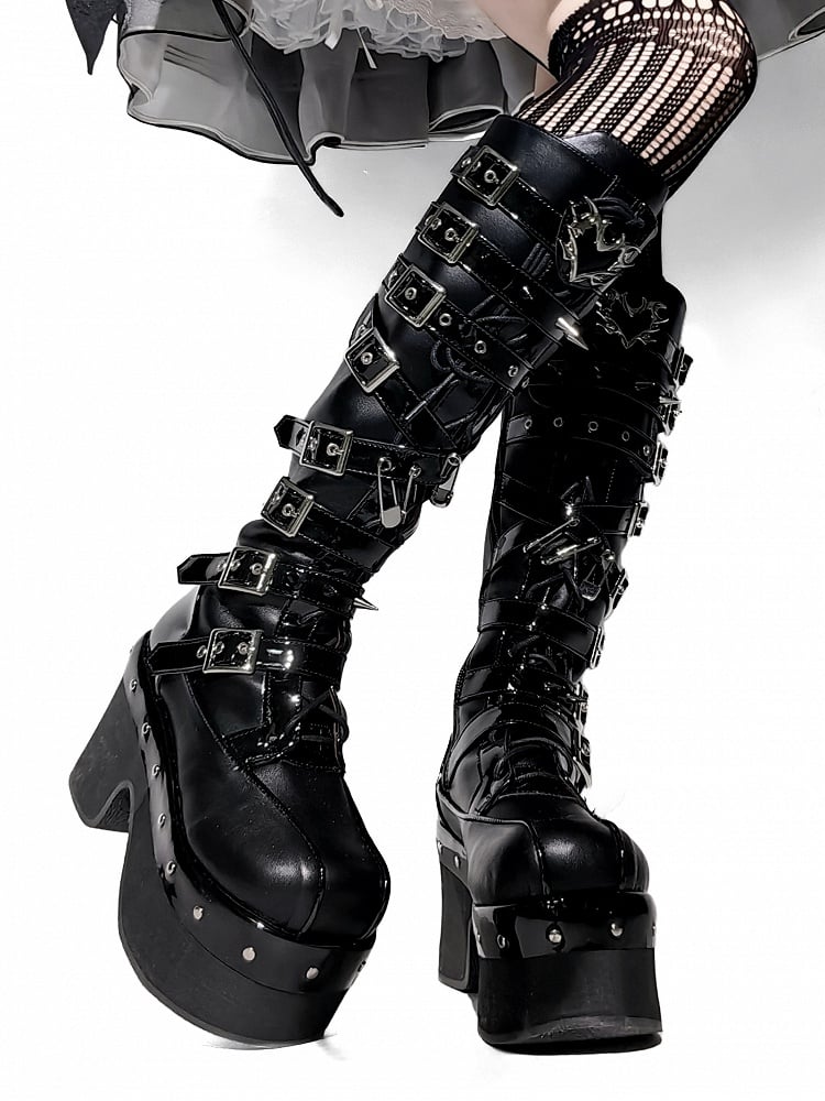 Buckle Platform Boots - Knee-High Punk High-heel PU