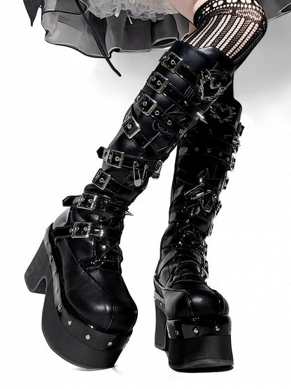 Buckle Platform Boots - Knee-High Punk High-heel PU