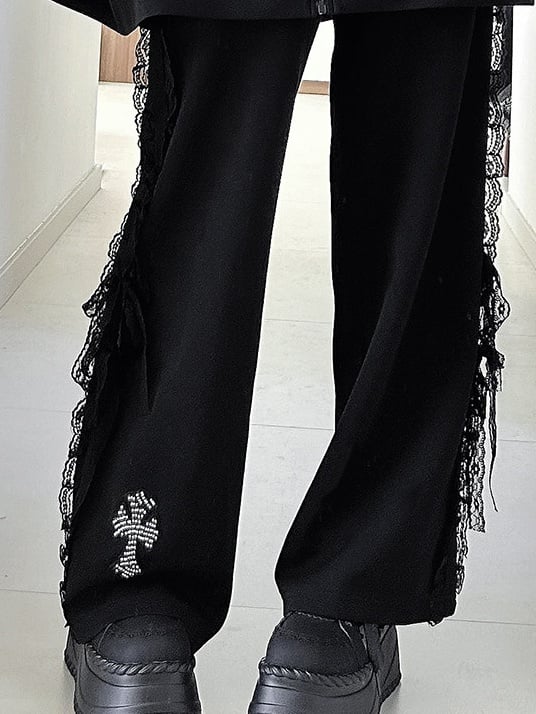 Sweat Cross Lace with Kei Black Decoration Bow Jirai Pants