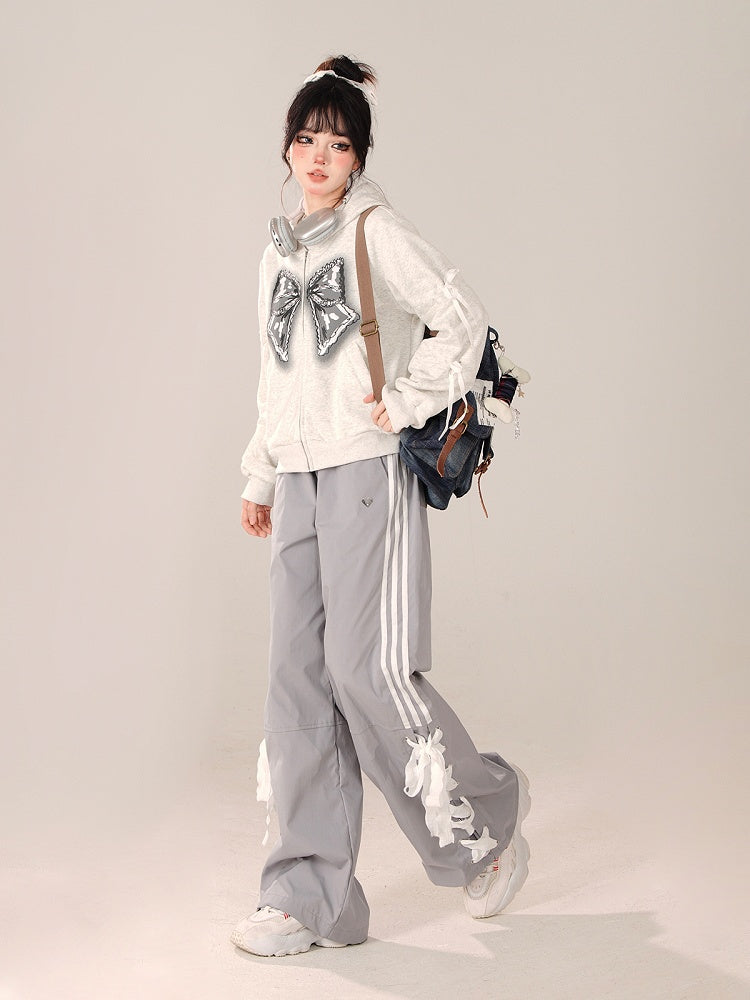 Straight-Leg pants with Lace-Up Side Detailing Gray Preppy