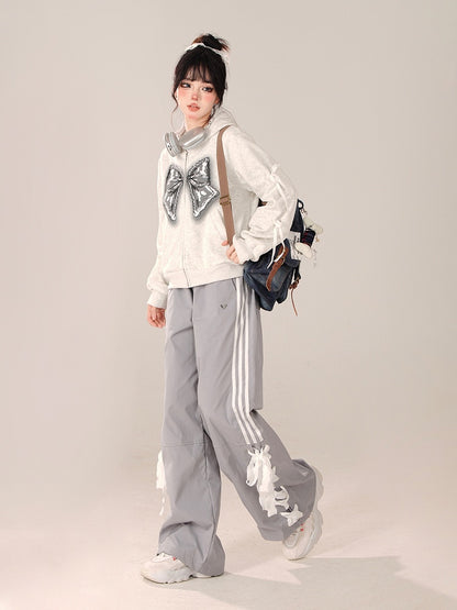 Straight-Leg pants with Lace-Up Side Detailing Gray Preppy