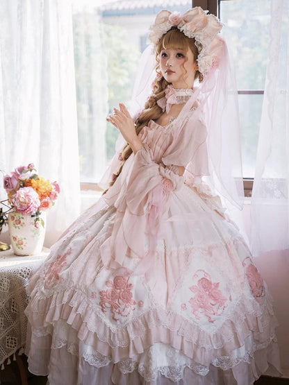 Ruffles Hanayome Light Dress Pink Version Accents with Layered Flowing JSK Lolita Rose Long