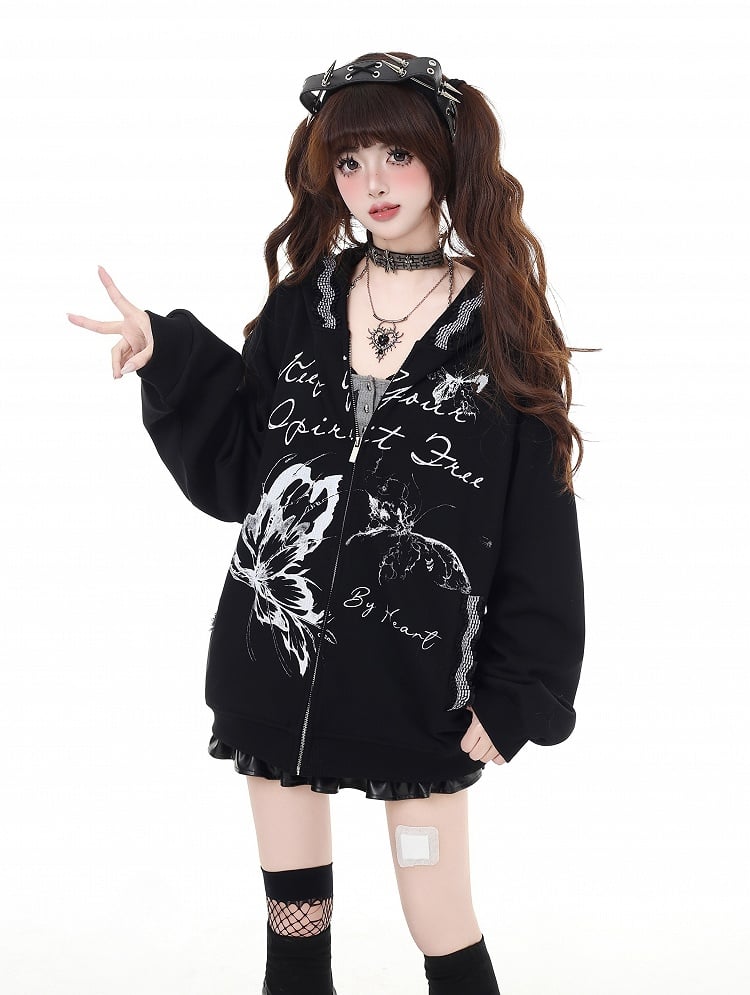 Hoodie Bittersweet Black Butterfly Print Zip Closure