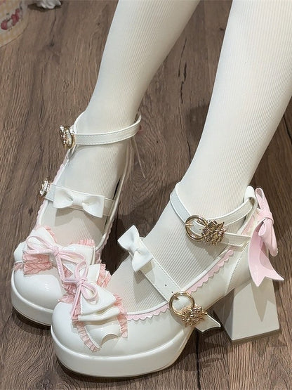 Bow White Height and Lolita Pink Elegant Ankle 8cm Strap Accents with Heel
