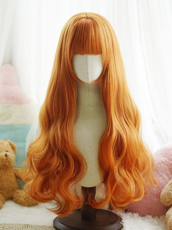 Orange Waist Length Wavy Wig With Full Bangs