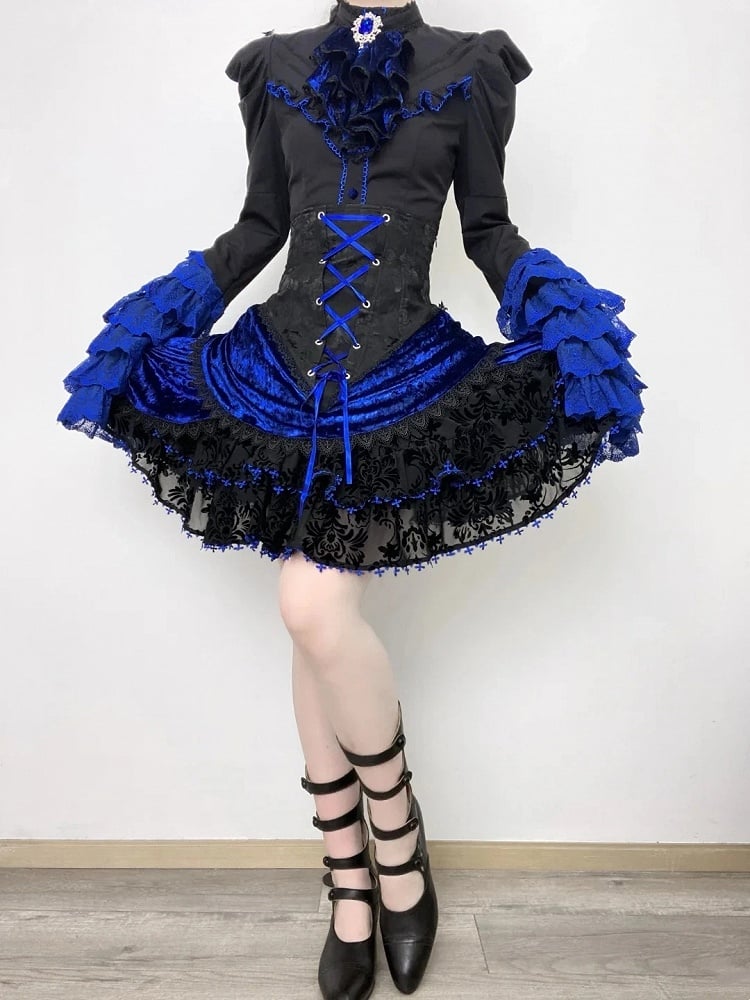 Lolita Skirt Waist Sleeves and Boned Blue Tie Jabot Gothic Long + Black Full - Shirt Hat Mini Klein Set Bell High