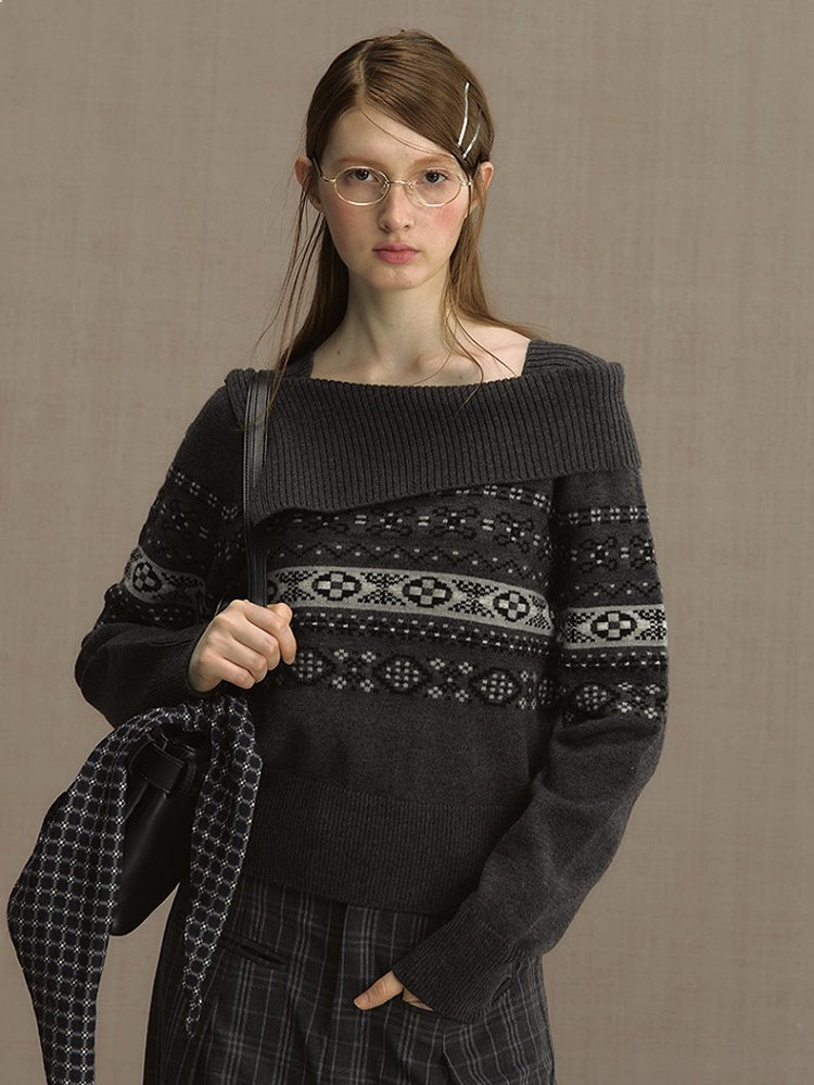 Gray/Blue Asymmetric Off-Shoulder Knit Sweater with Jacquard Details