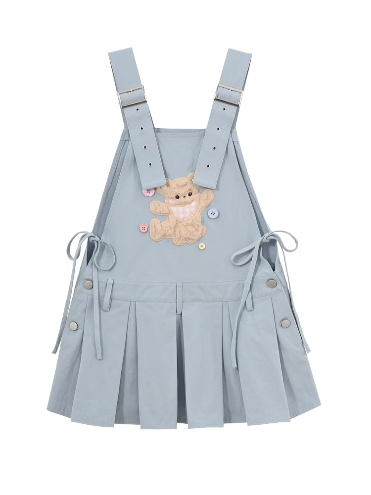 Adjustable Plush Bear Applique Blue Box Pleat Overall Dress Straps Shoulder
