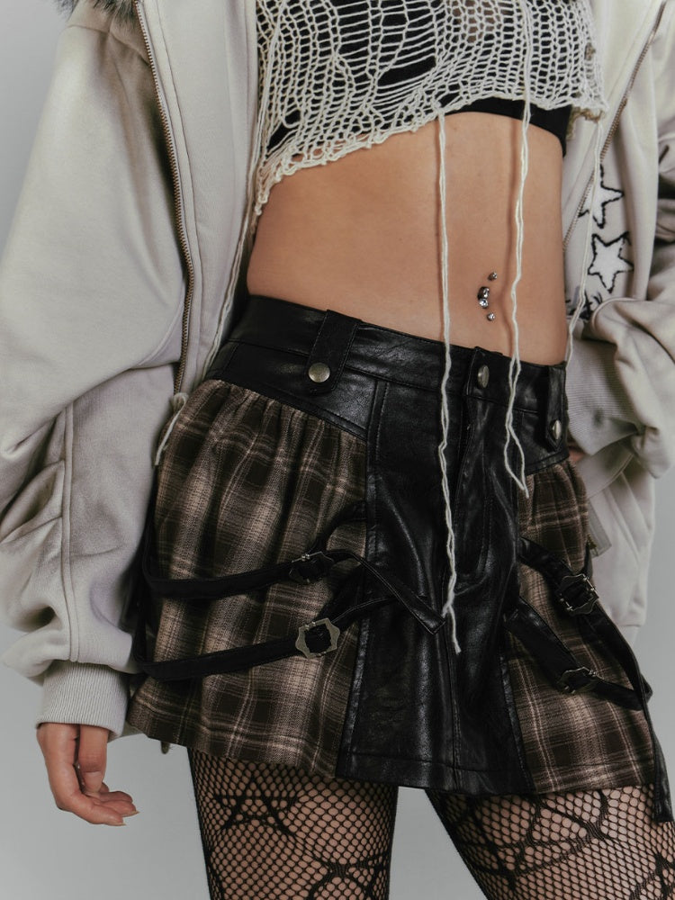 Buckle Brown Plaid Patchwork Design Fashion PU Skirt Punk Millard Straps Vintage