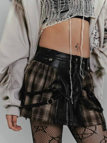 Buckle Brown Plaid Patchwork Design Fashion PU Skirt Punk Millard Straps Vintage