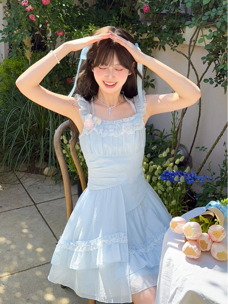 Sleeves Light Blue Flutter Dress Skirt Asymmetrical Chiffon Halter Neck Tiered