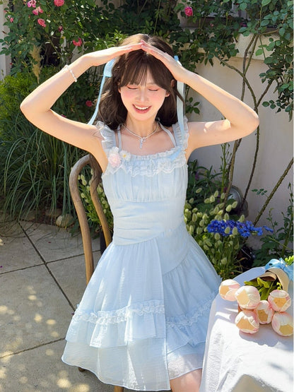 Ärmel Hellblau Flatterkleid Rock Asymmetrisch Chiffon Neckholder Stufen