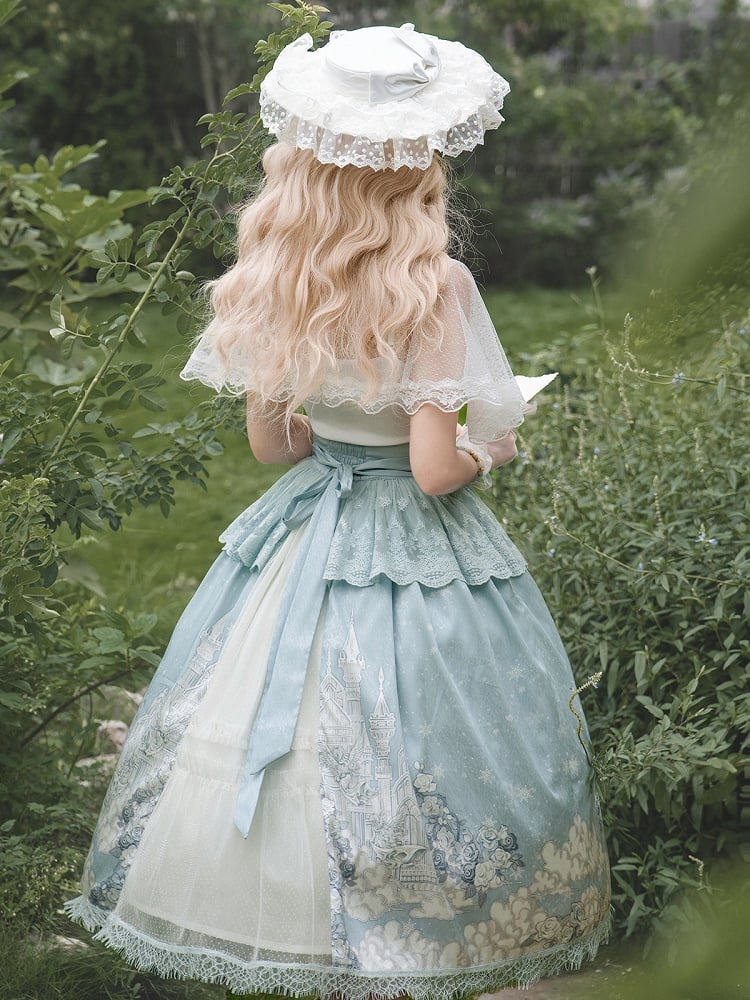 Weißer Rock mit hoher Cape-Taille, Top, Camisole + Tüll-Print, Castle Blue