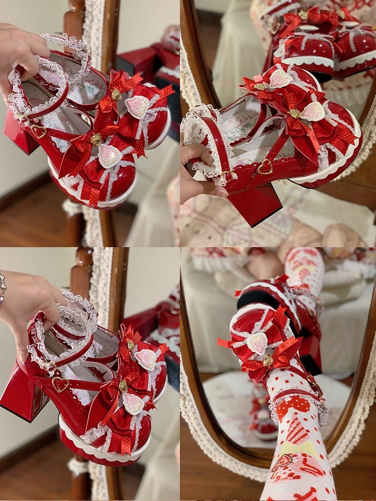 - Bow Lolita High Closure Heels Details Heart Strawberry Modifiable Themed Sweet Block Red