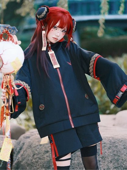 Zombie Cheongsam Red - Black Jacket Techwear Style Little Goth Talisman Embroidered