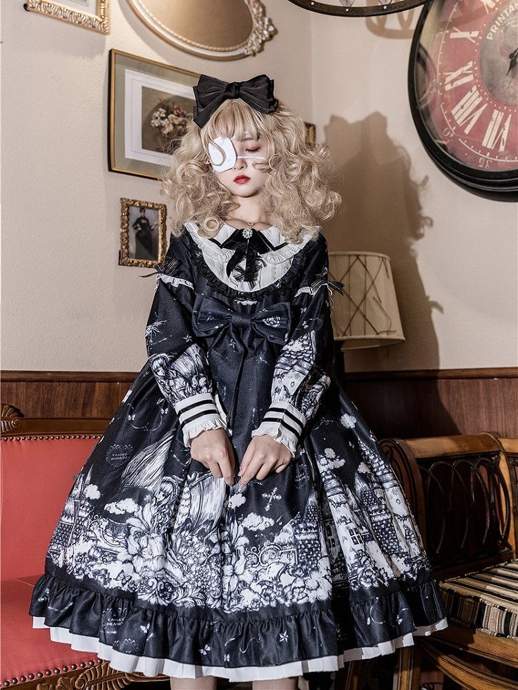 Castle Lolita OP Black Long-Sleeve Gothic Print Dress White