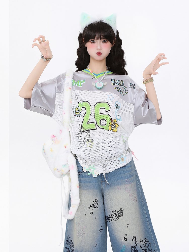 Breathable Satin Jersey T-Shirt with Contrast Collar and Number Print Pink/Green