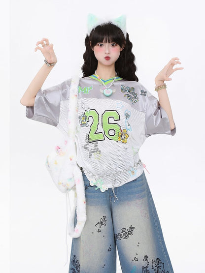 Breathable Satin Jersey T-Shirt with Contrast Collar and Number Print Pink/Green