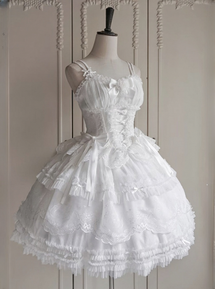 Skirt Scallop Embroidered Trim Ruffles Elegant White Lolita Classic Tiered