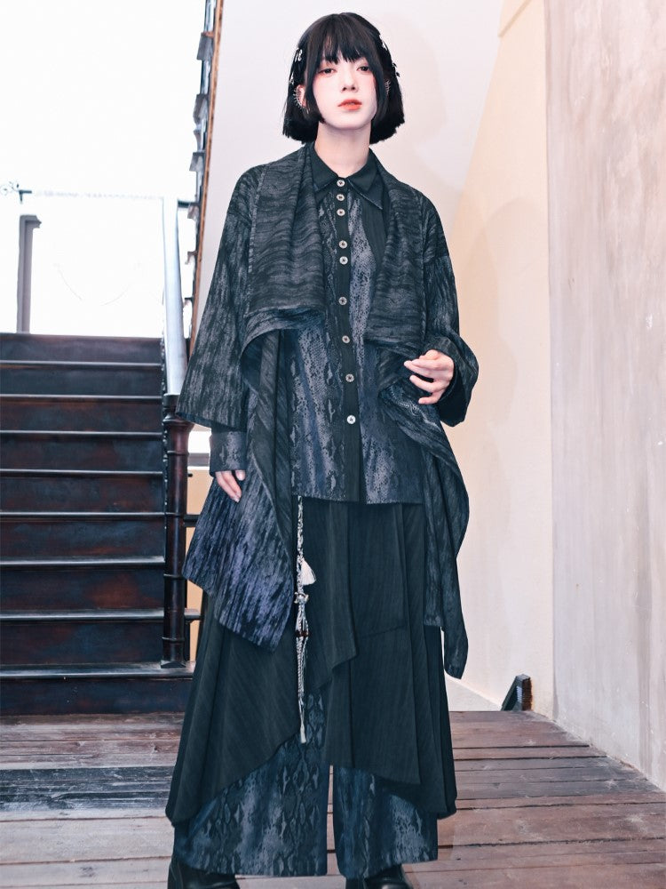 Black Collar Double-layered Shirt Gothic Snake Patchwork Print with Cheongsam