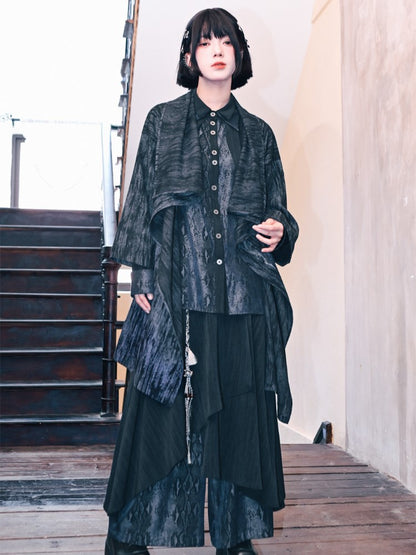Black Collar Double-layered Shirt Gothic Snake Patchwork Print with Cheongsam