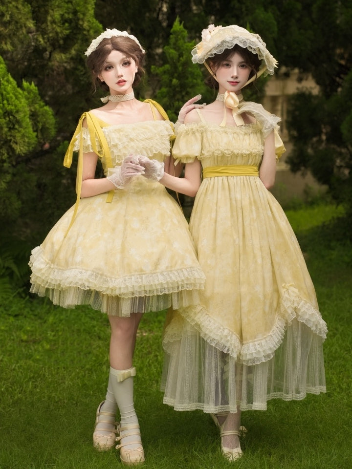 Butterfly Print Light Yellow Off-Shoulder Lolita OP Dress with Detachable Shoulder Straps - With PUJI