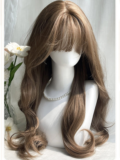 Braune gewellte Air-Perücke mit Pony, Länge 70 cm