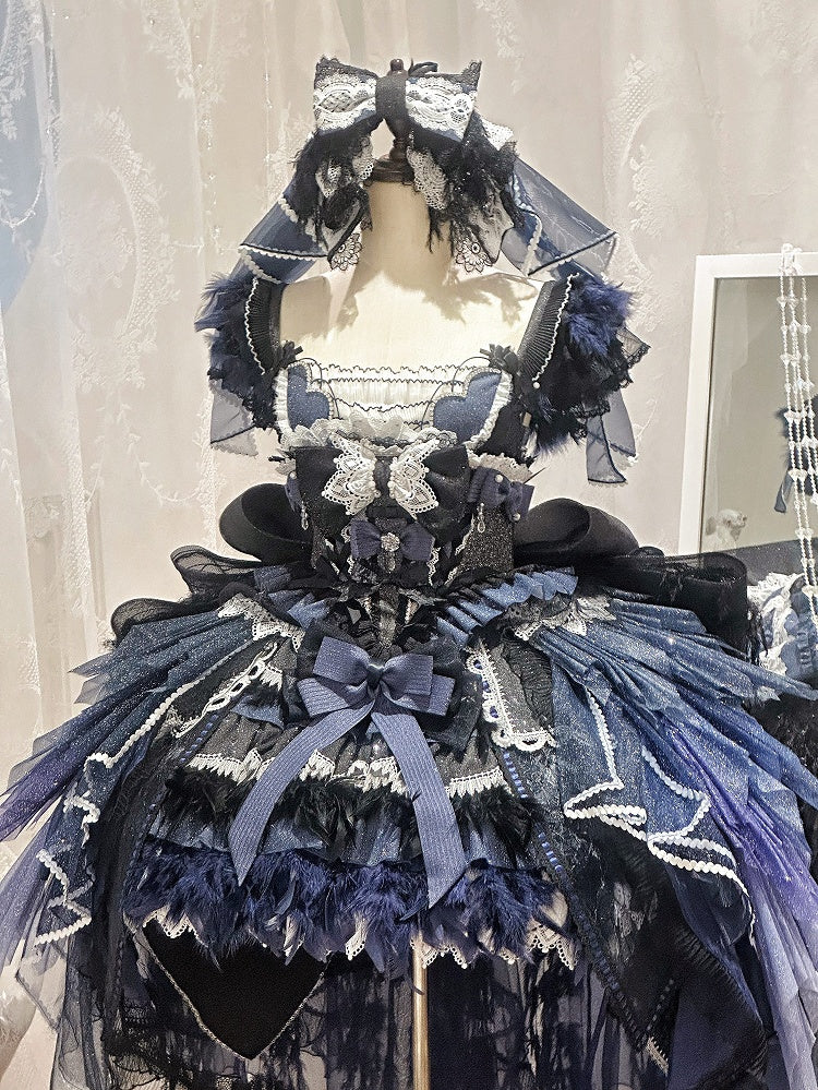 Dark Blue Swan Feather Accented Lolita JSK Dress Set - Felinae Cookie