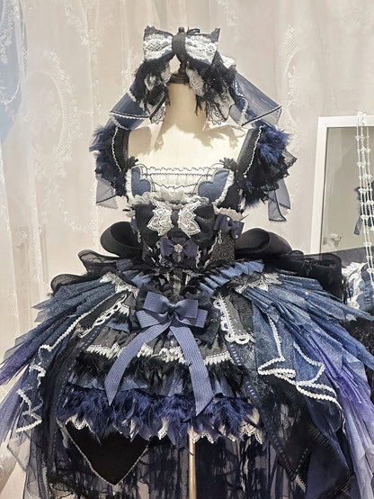 Dark Blue Swan Feather Accented Lolita JSK Dress Set - Felinae Cookie