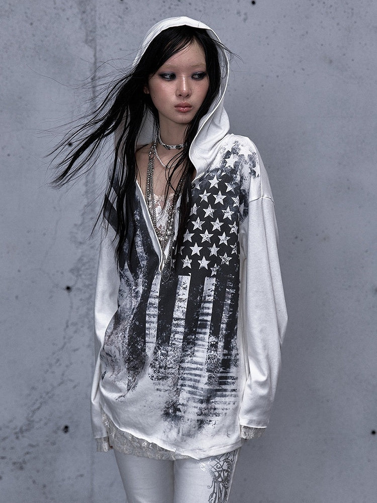 - Loose Lace V-Neck Two-piece Top Star Sleeve Panel Off-white Hooded Long Print