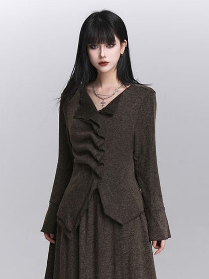 Strap Long V-Neck with Coffee Neck Sleeve Button Details Top