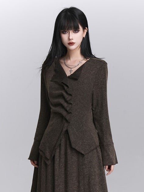 Strap Long V-Neck with Coffee Neck Sleeve Button Details Top